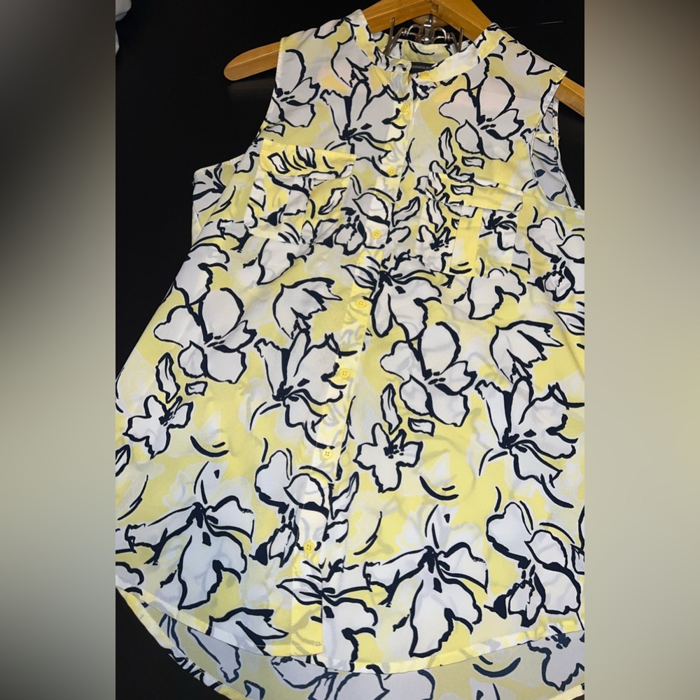 Banana Republic Yellow Floral Print Banded collar sleeveless Top Size M EUC